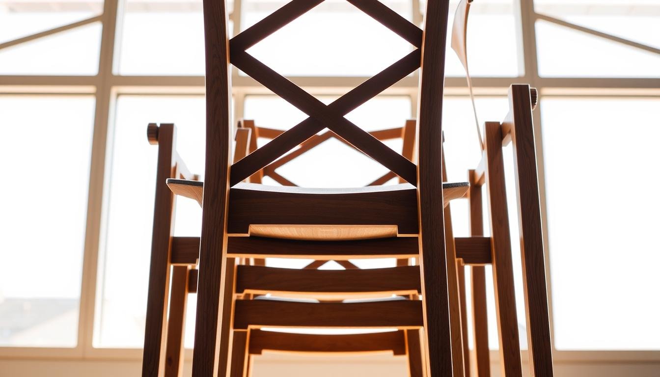 A sturdy, well-designed stacking chair set against a bright, airy backdrop. The chair's intricate frame, crafted from high-quality materials, showcases its structural integrity and stability. Precise angles and clean lines create a modern, minimalist aesthetic. Subtle textures and natural wood tones add depth and visual interest. Warm, natural lighting illuminates the scene, highlighting the chair's robust construction and attention to detail. The overall composition conveys a sense of quality, durability, and thoughtful design - key considerations when purchasing affordable stacking chairs.
