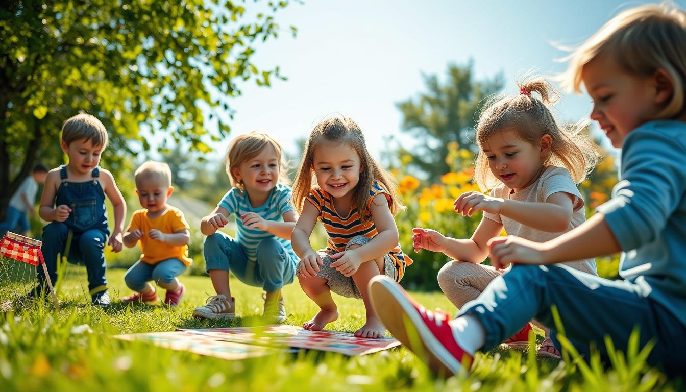 Kinder spielen Bewegungsrätsel im Freien