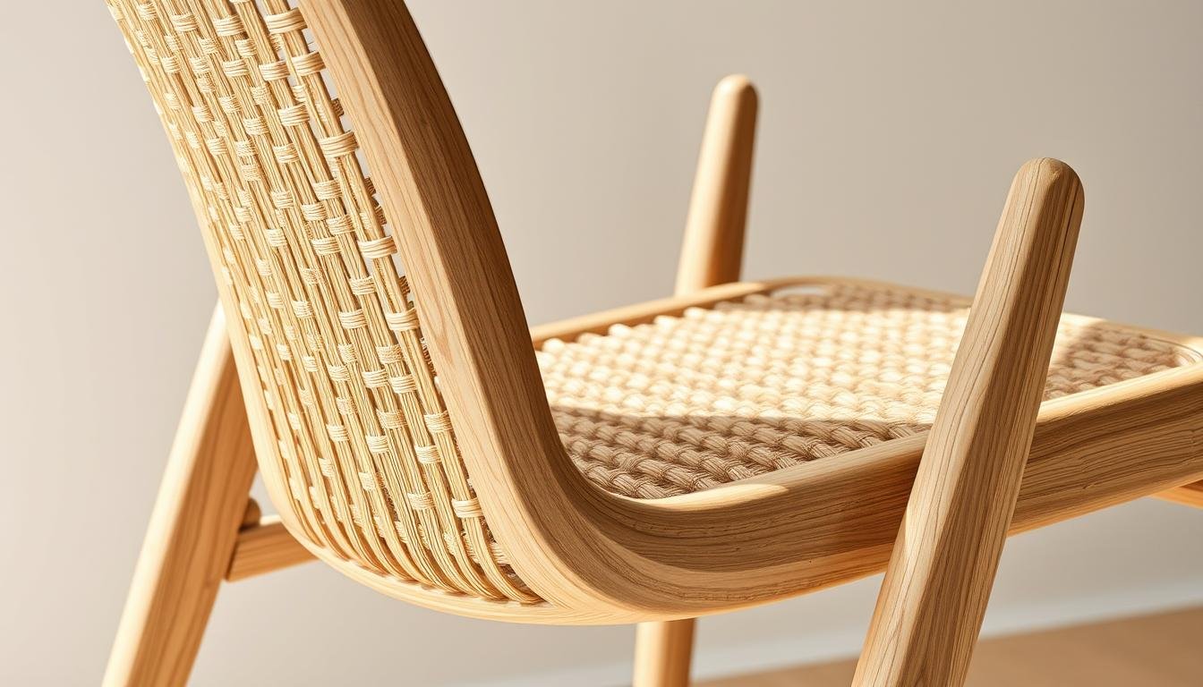 Photorealistic close-up of a modern stackable chair design made from natural materials. The chair features a wooden frame with a woven rattan backrest and seat, creating a sleek and minimalist aesthetic. The lighting is soft and natural, accentuating the textures and grain of the materials. The angle showcases the chair's clean lines and ergonomic shape, capturing its functionality and visual appeal. Realistic imperfections in the weaving and wood grain add to the handcrafted charm of the design.