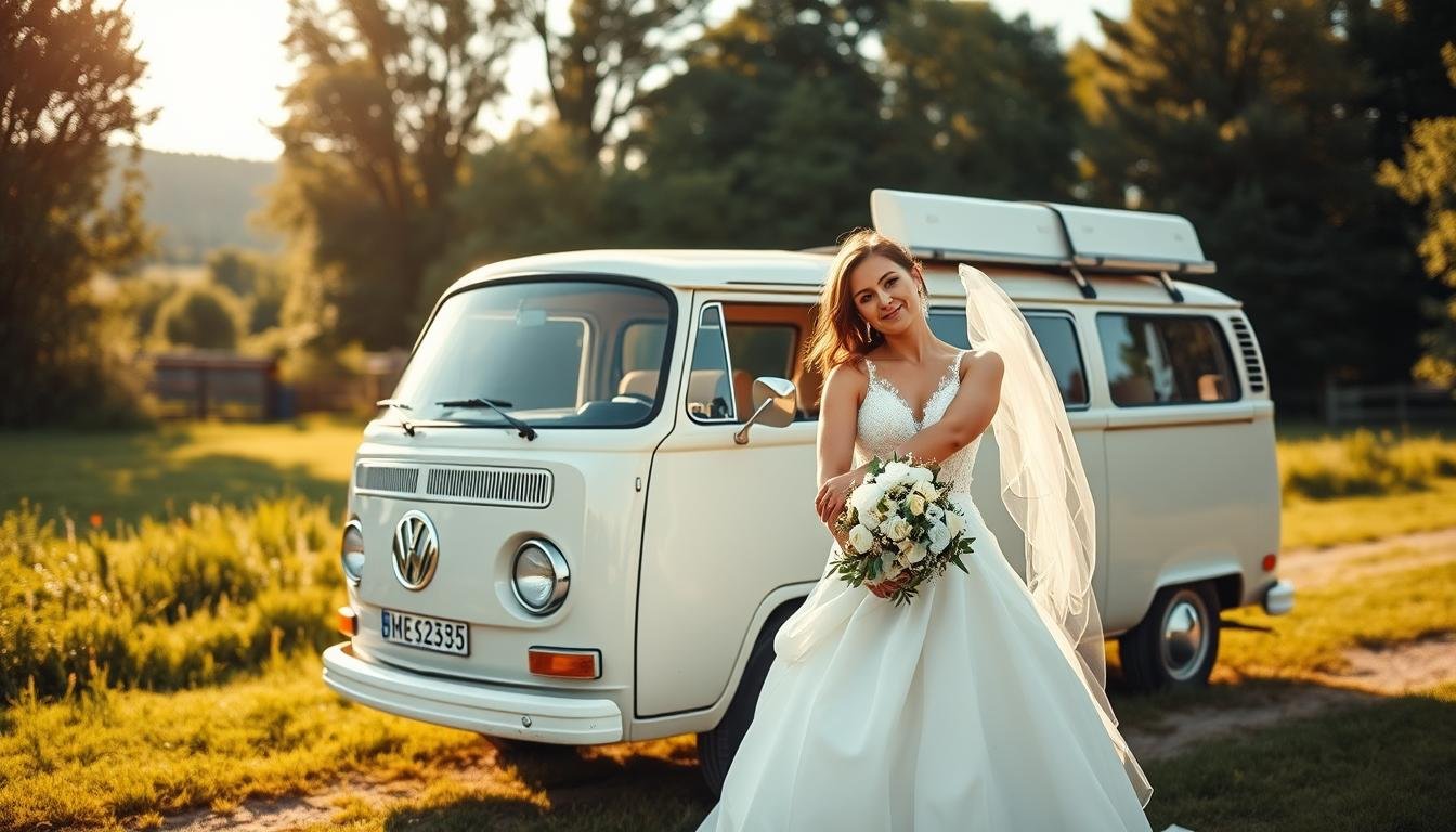 VW Bus Hochzeitsshooting nostalgische Kulisse